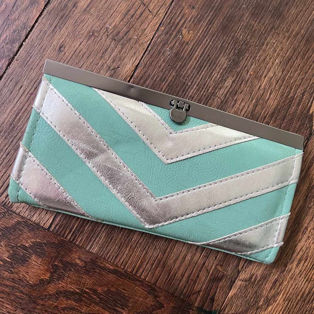 Vintage green and silver chevron clutch wallet